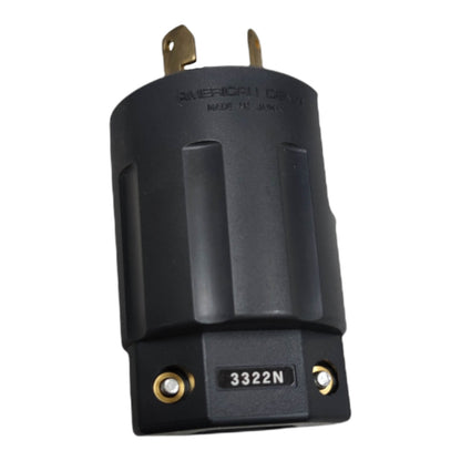 Black electrical plug with gold contacts on a white background American Denki 30A 250V Twist Lock Plug 2P+E 3322N Twistlock Plug with Ground Twist to Lock Plug Electx Electrical Supply