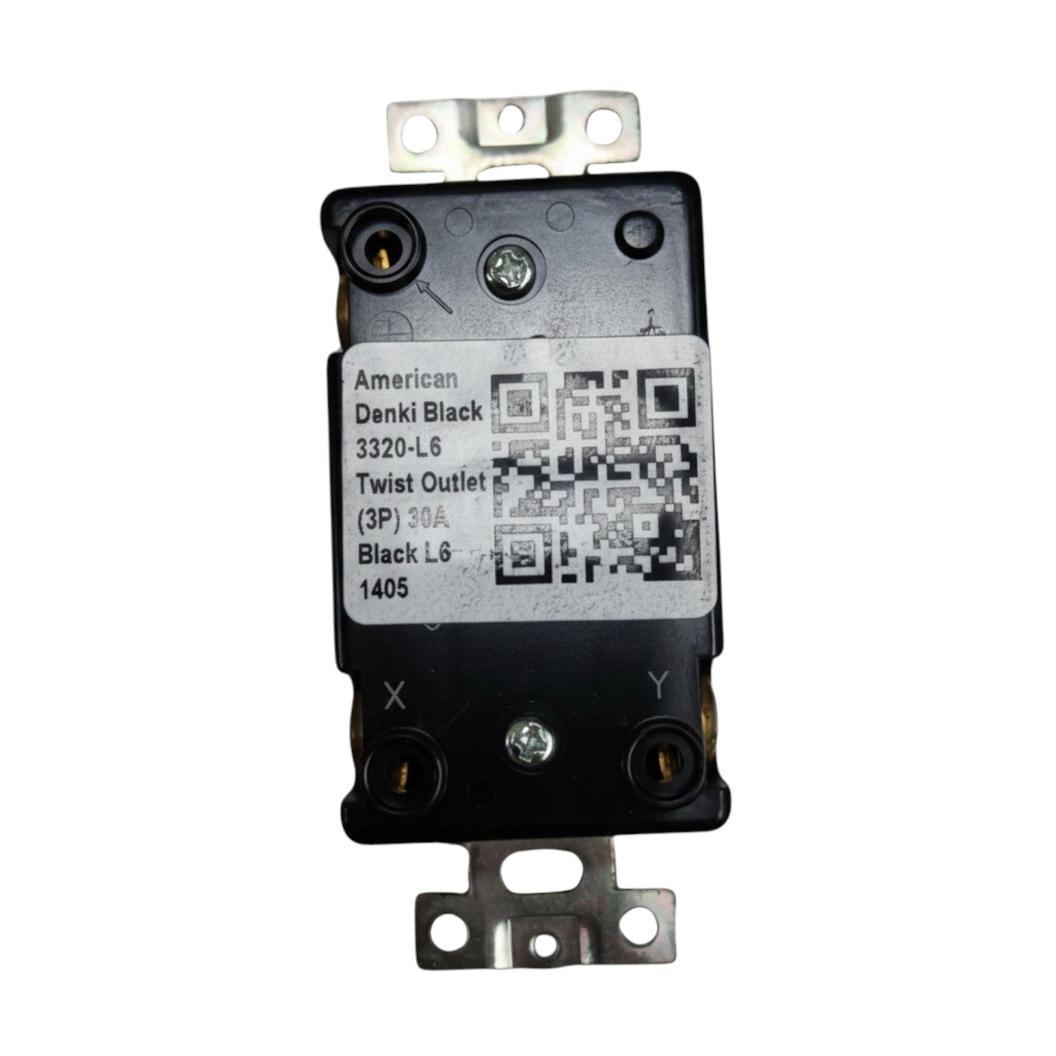 Electrical outlet with label and QR code on a white background American Denki 30A 2P+E 250V Twist Lock Outlet 3Pins 3320-L6 Twistlock Receptacle Flush Type Twist to Lock ELectx Electrical Supply