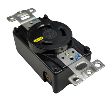 Black electrical switch with metal brackets on a white background American Denki 30A 2P+E 250V Twist Lock Outlet 3Pins 3320-L6 Twistlock Receptacle Flush Type Twist to Lock ELectx Electrical Supply