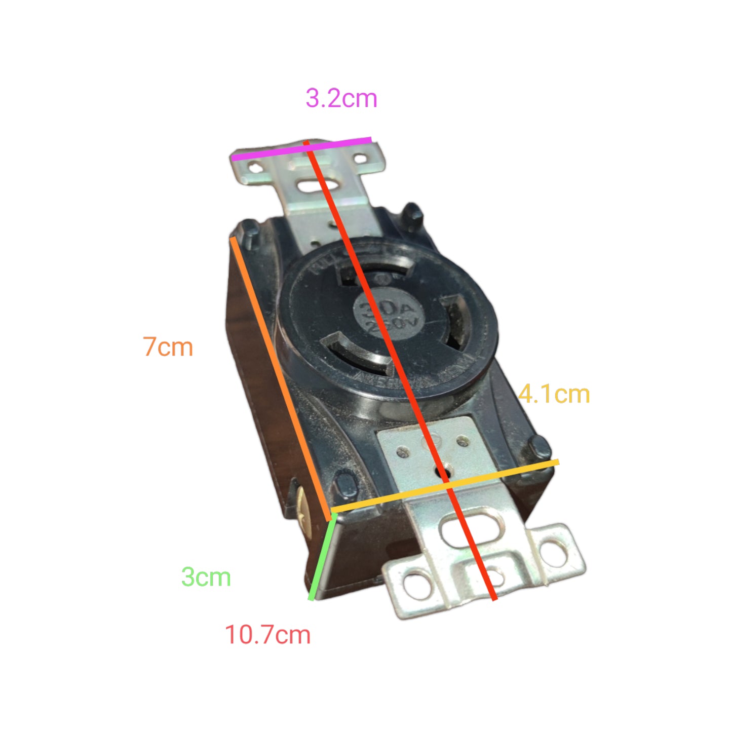 Mechanical component with dimensions labeled on a white background American Denki 30A 2P+E 3 Pins Twist Lock Outlet 220V 3320