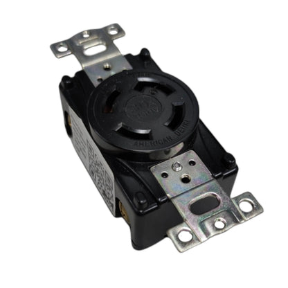 Black electrical switch with metal mounting brackets on a white background