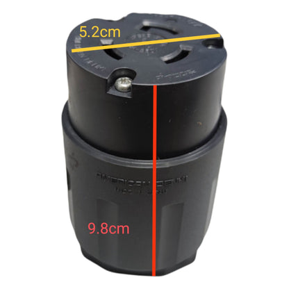 Black cylindrical object with measurements on a white background American Denki Twist Lock 30A 250V 2P+E (3P) Twistlock Outlet Cord Connector Twist to Lock Electx Electrical Supply