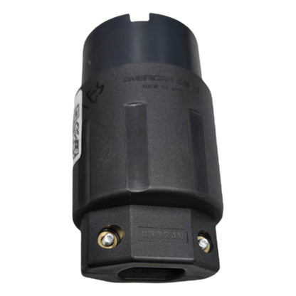 Black electrical connector with visible branding on a white background American Denki Twist Lock 30A 250V 2P+E (3P) Twistlock Outlet Cord Connector Twist to Lock Electx Electrical Supply