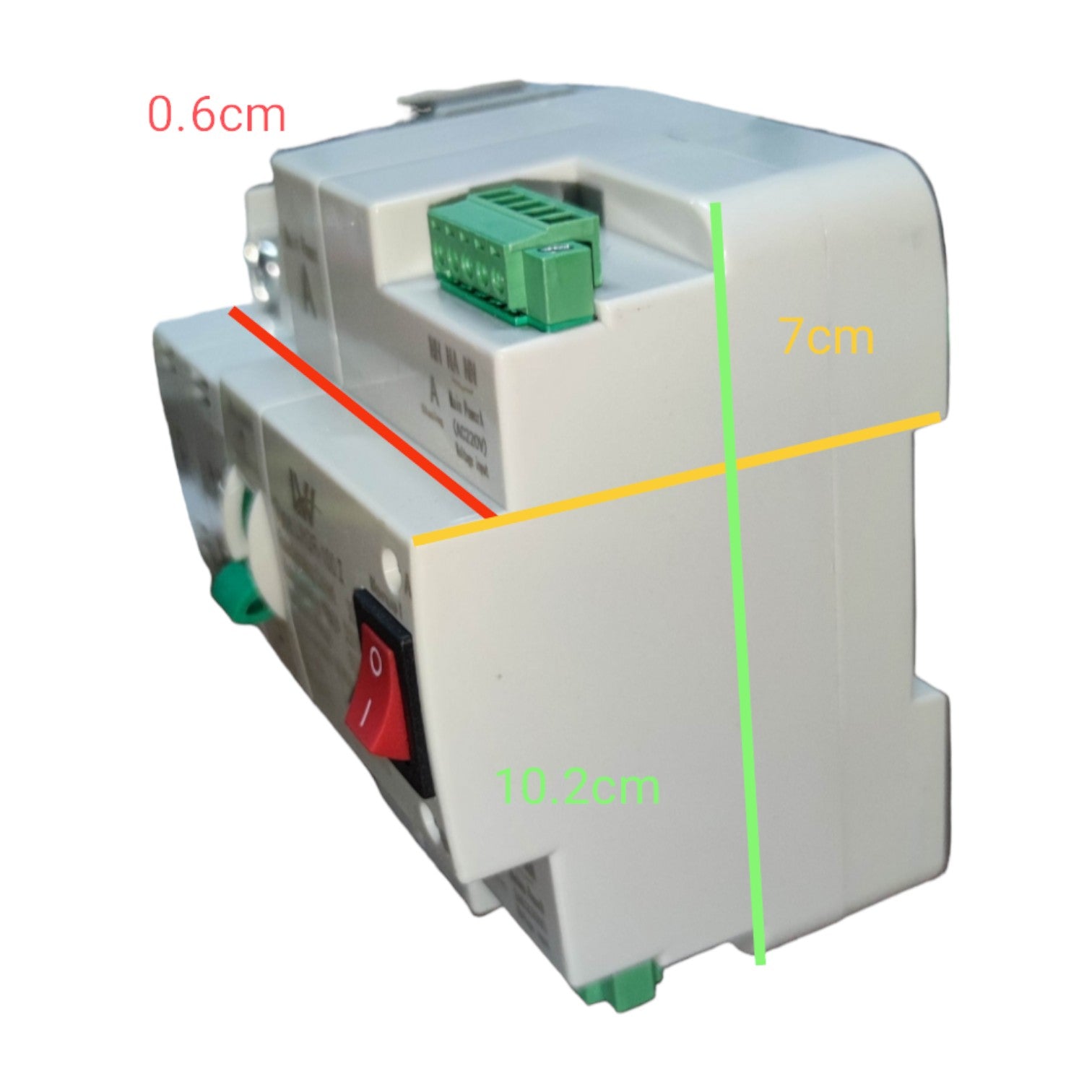 Electrical component with dimensions marked on a white background
