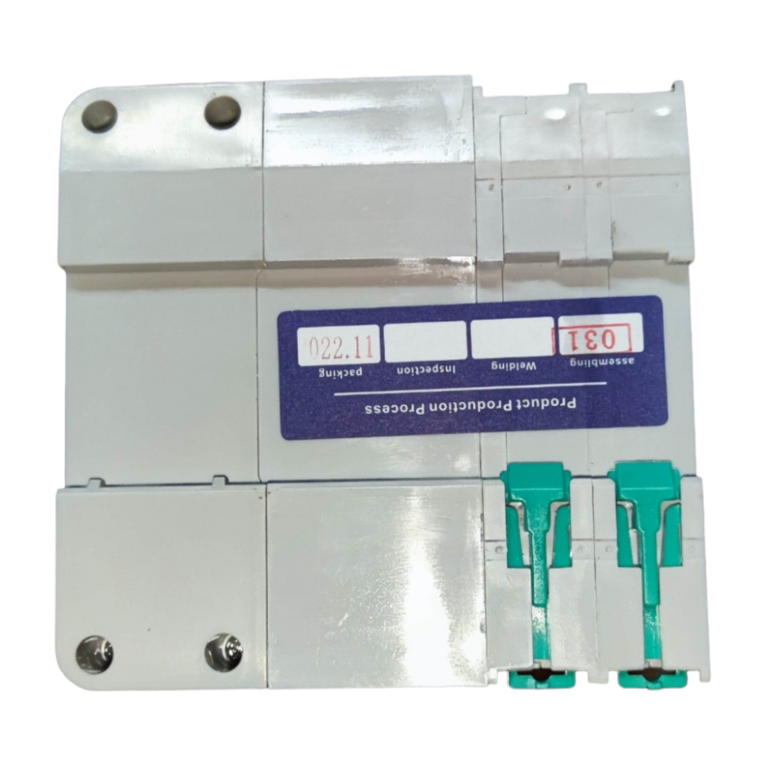Metallic device with a label on a white background