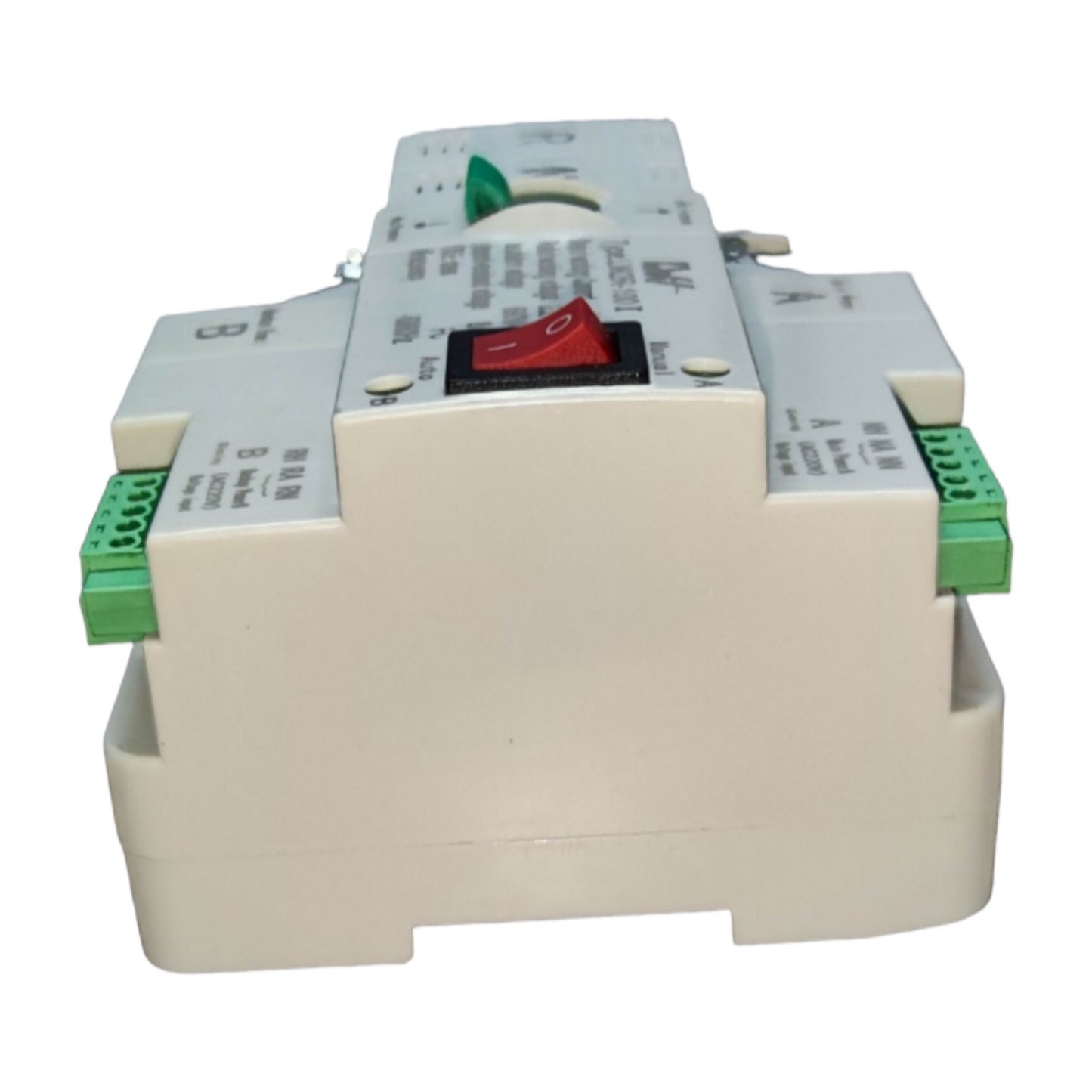 Electrical control panel with various components on a white background