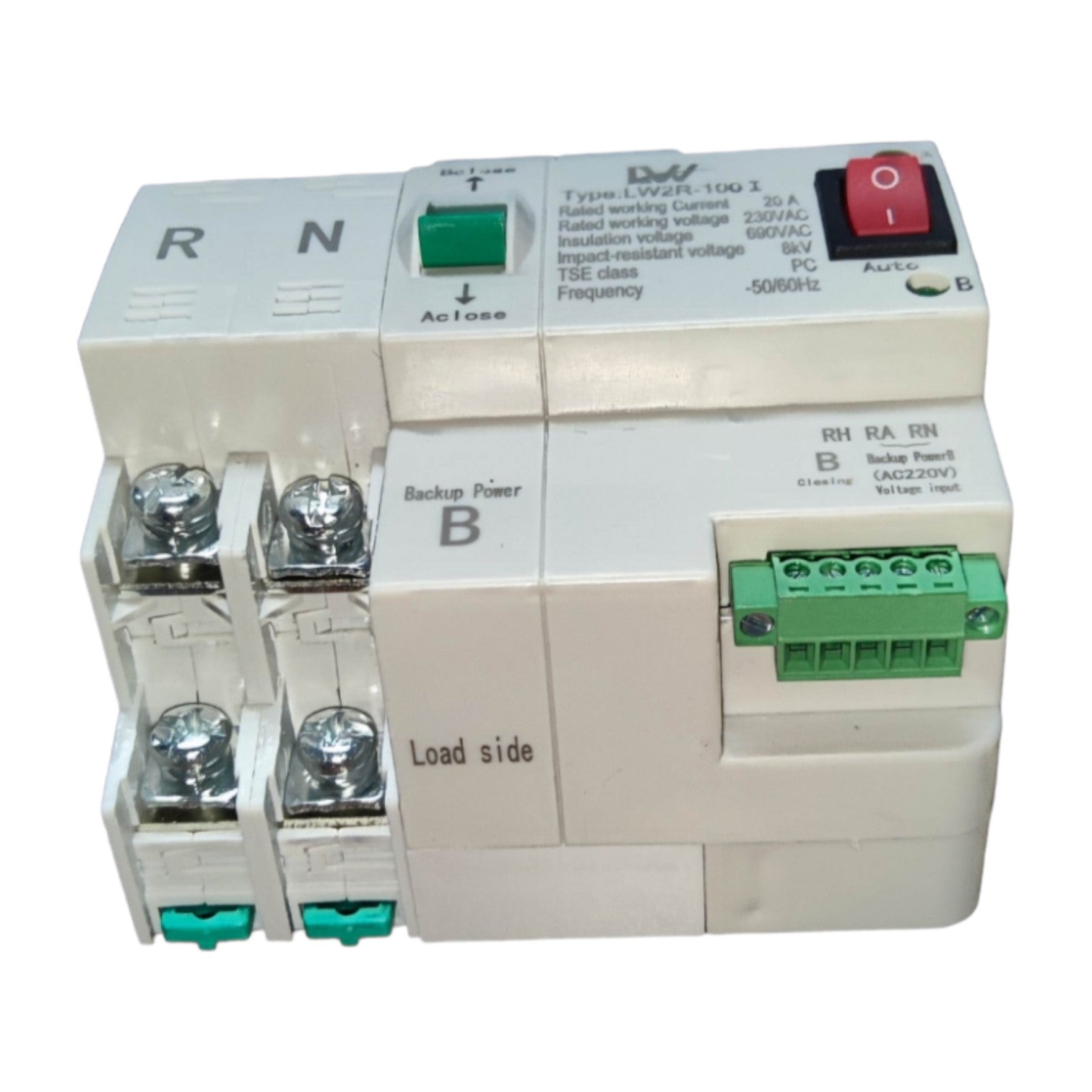 Electrical circuit breaker with various labels and connectors on a white background