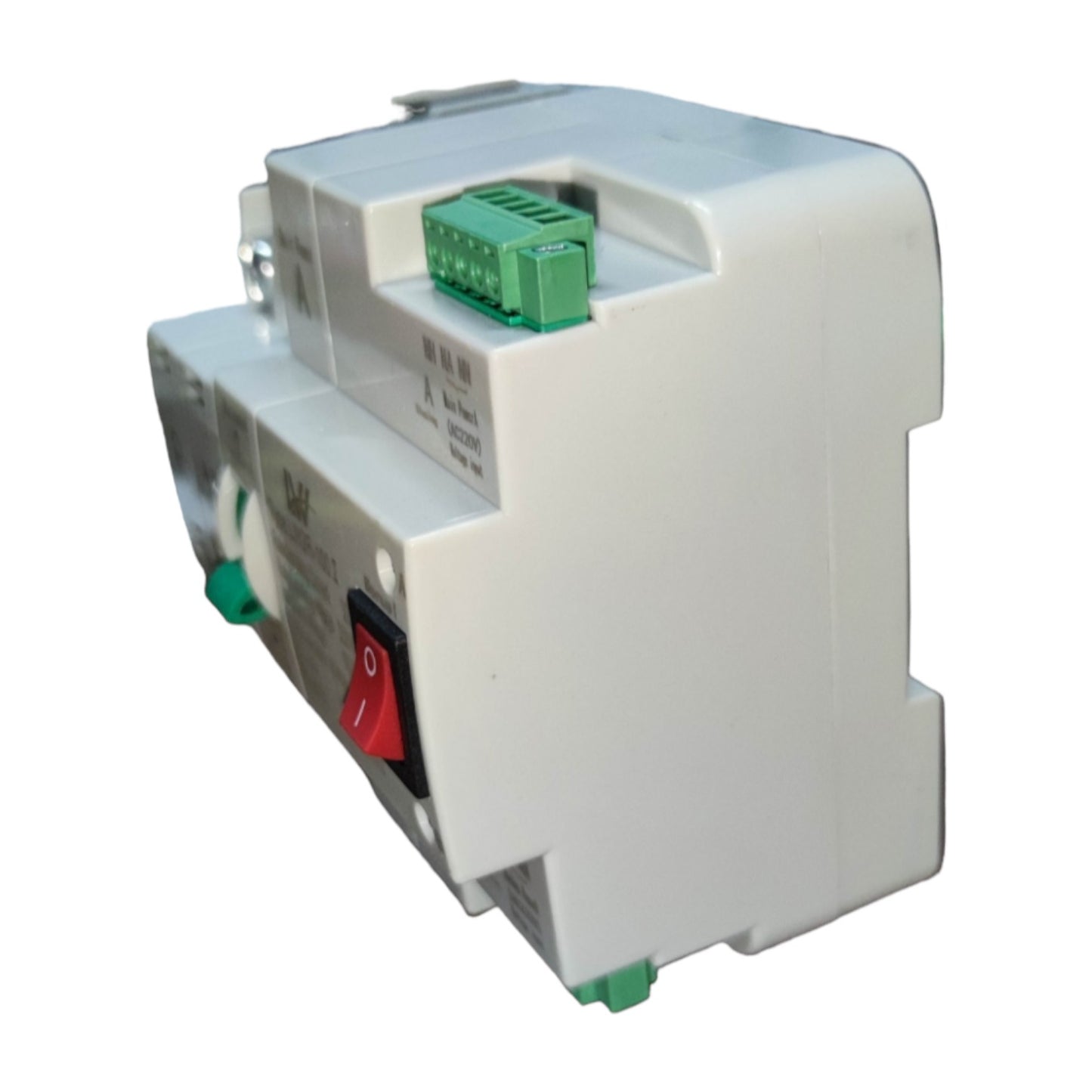 Electrical control panel with green connector on a white background