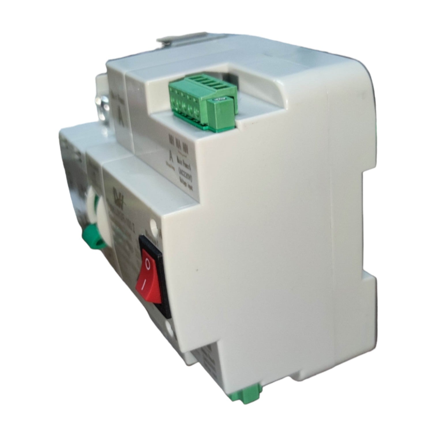 Electrical control panel with green connector on a white background