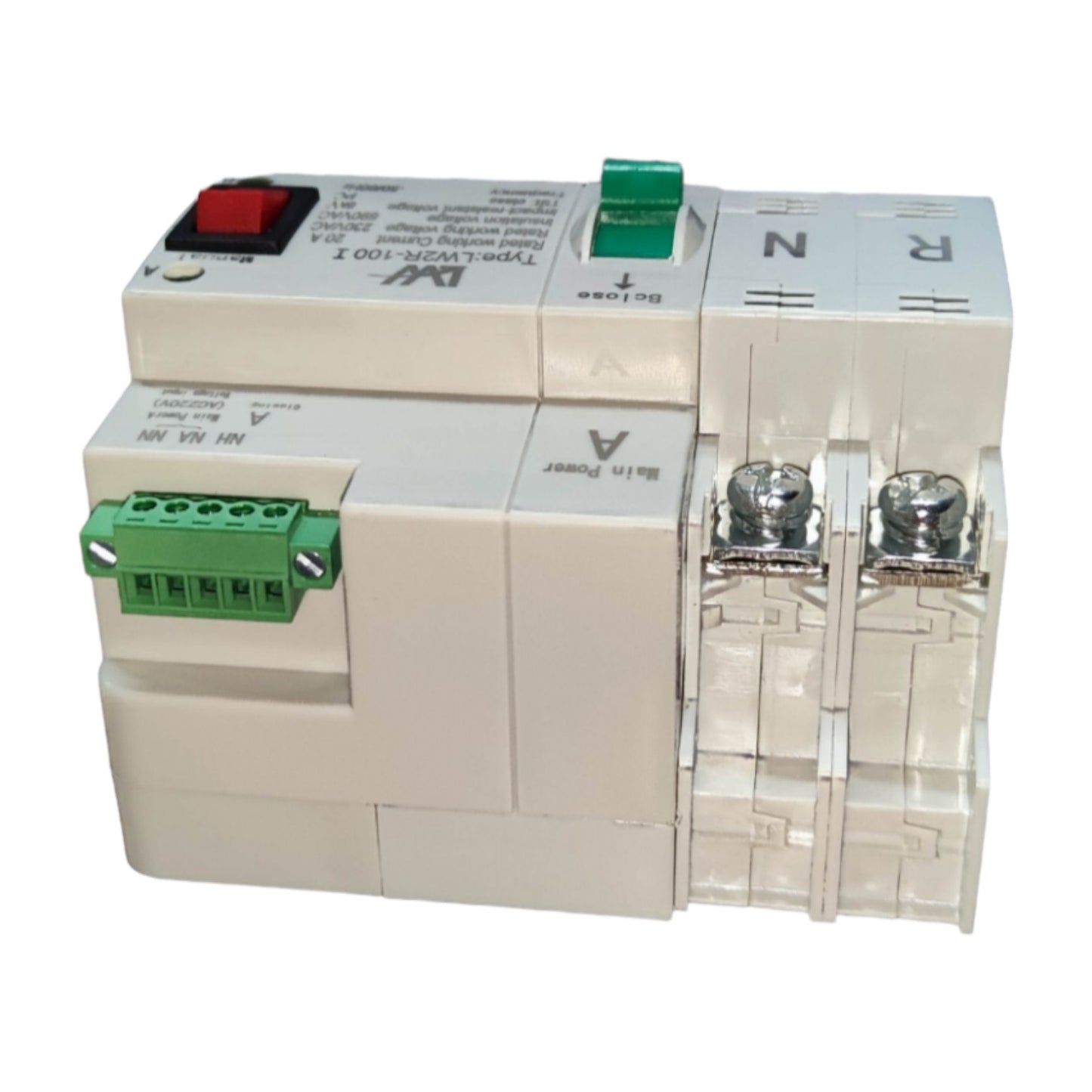 Electrical control panel with various connectors and switches on a white background