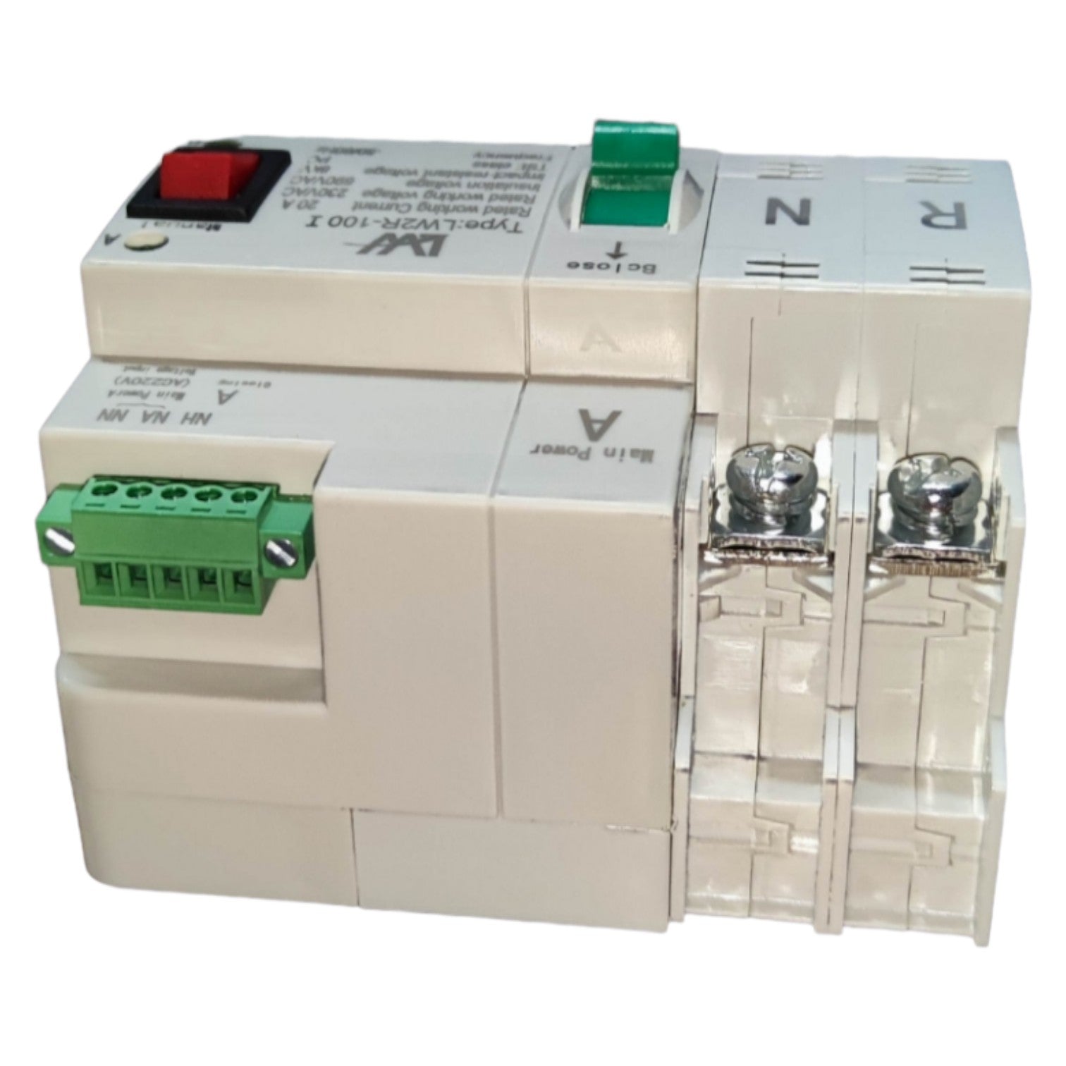 Electrical control panel with various connectors and labels on a white background