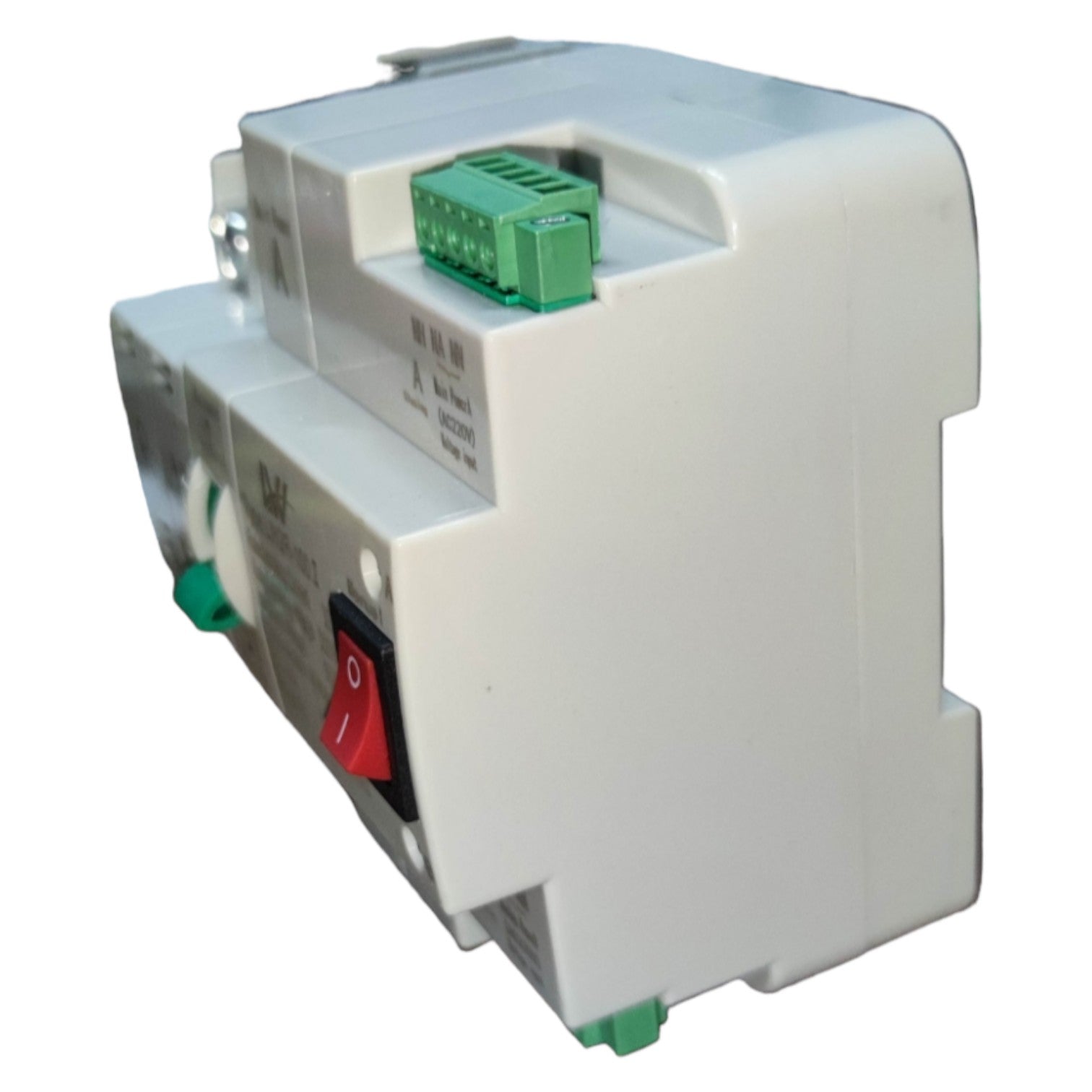 Electrical control panel with green connectors and a red switch on a white background
