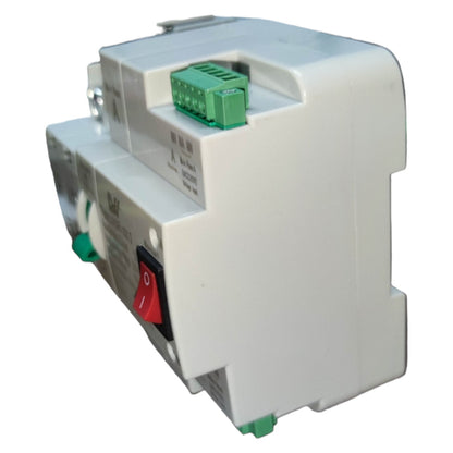 Electrical control panel with green connectors and a red switch on a white background