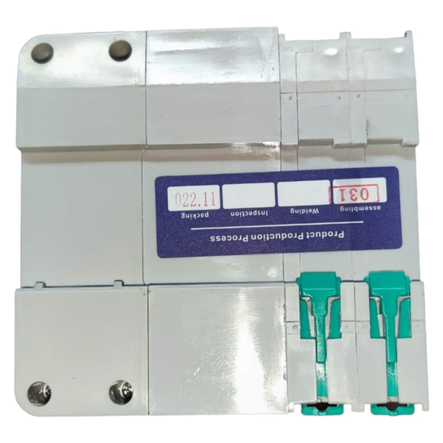 Electrical circuit breaker with a label on a white background