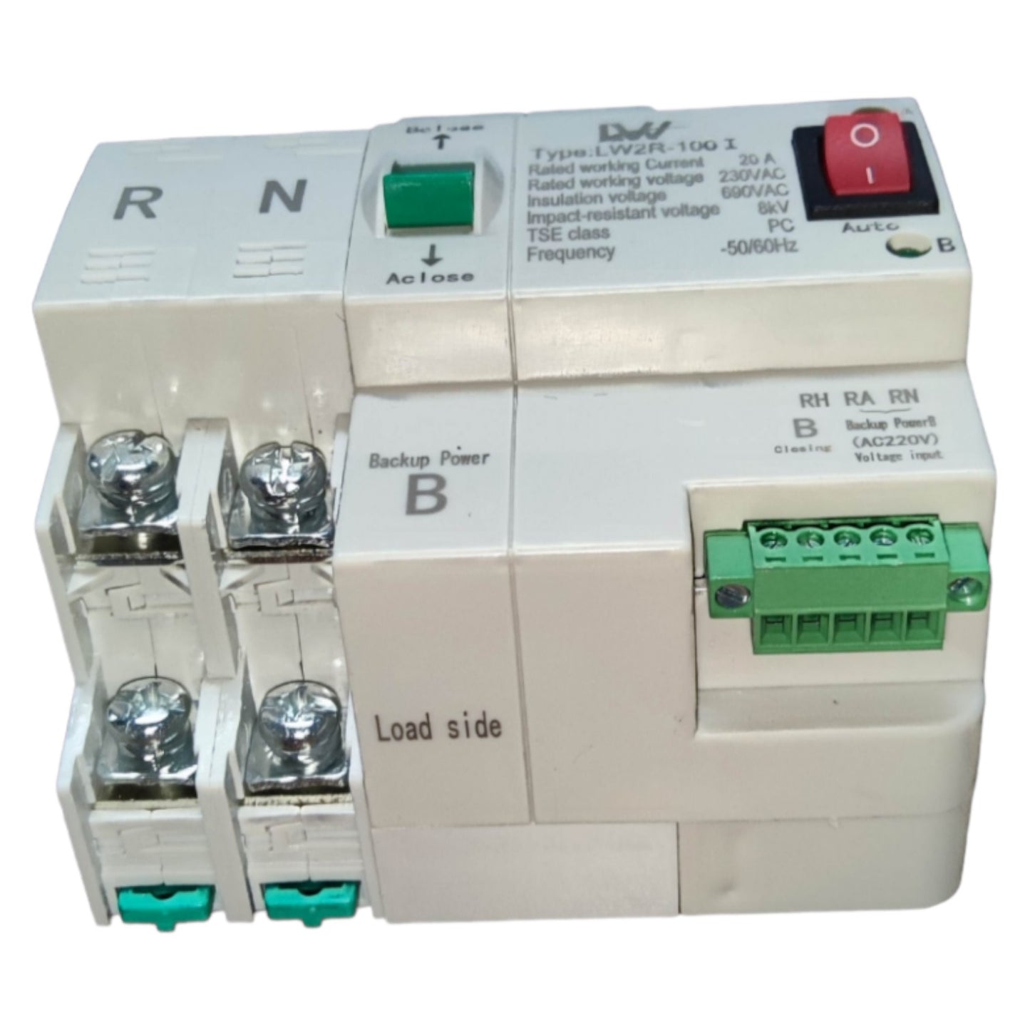 Electrical switchgear with various terminals and labels on a white background