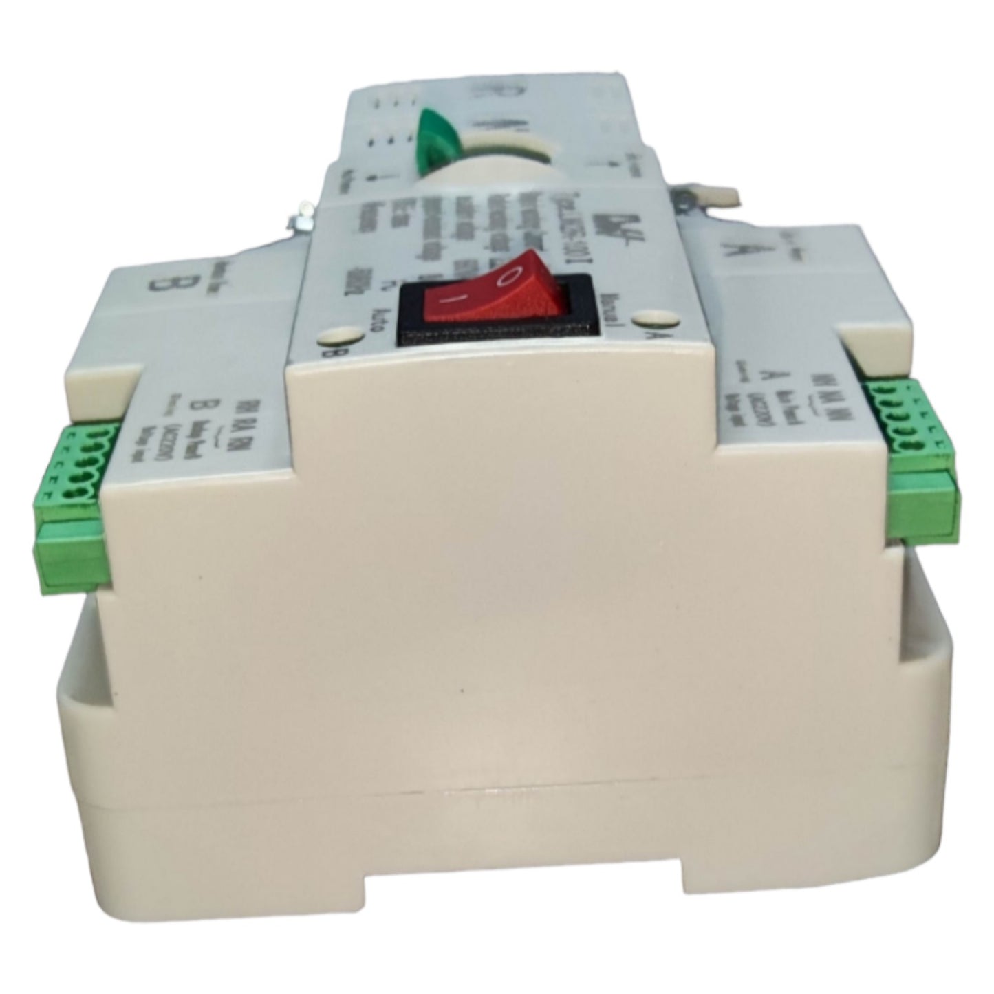 Electrical control panel with green and red components on a white background