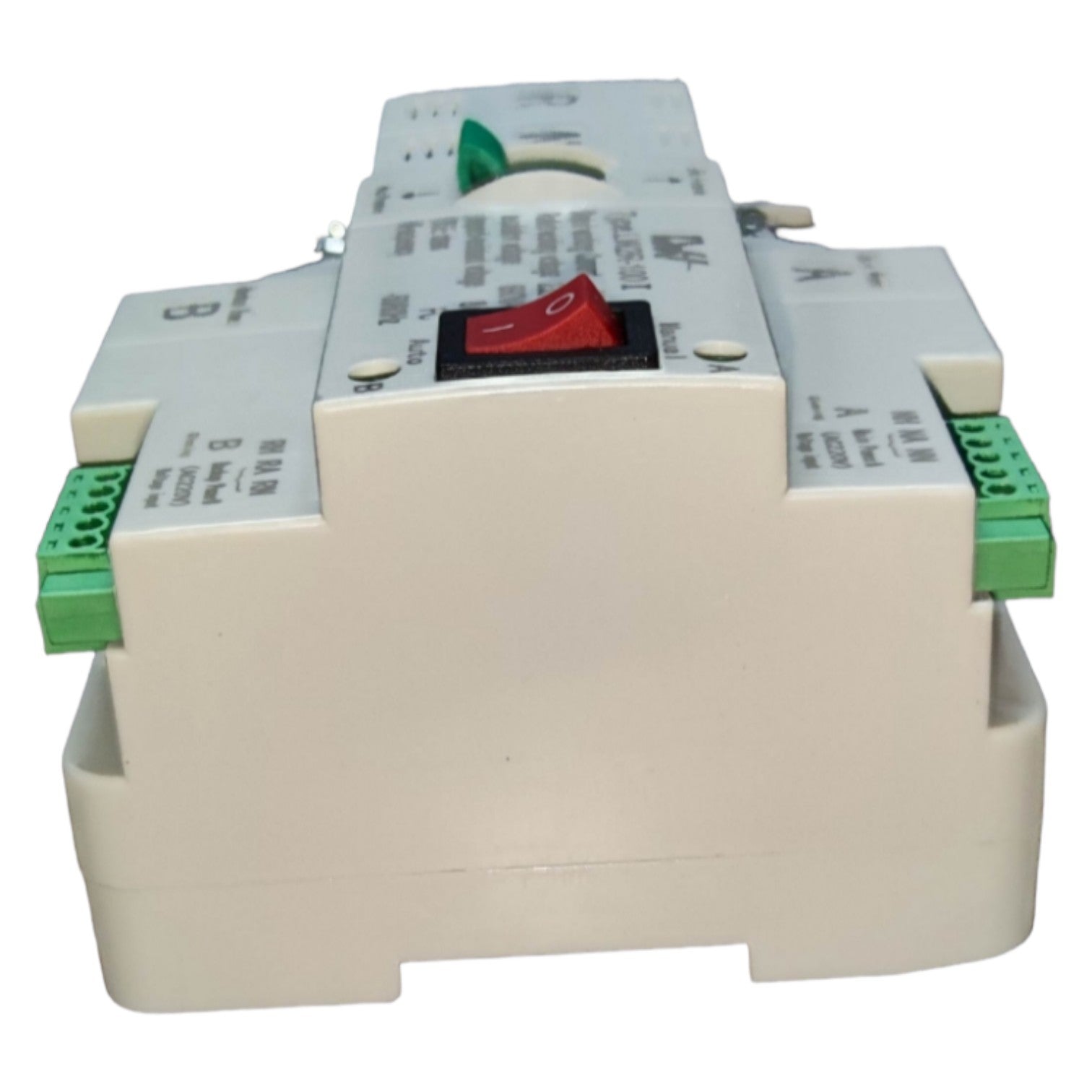 Electrical control panel with green and red components on a white background