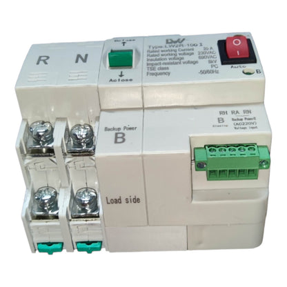 Electrical circuit breaker with various labels and connectors on a white background