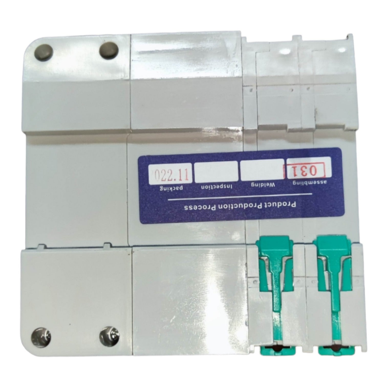Electrical switchgear with labels and green connectors on a white background