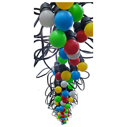 String of multicolored lights on a white background