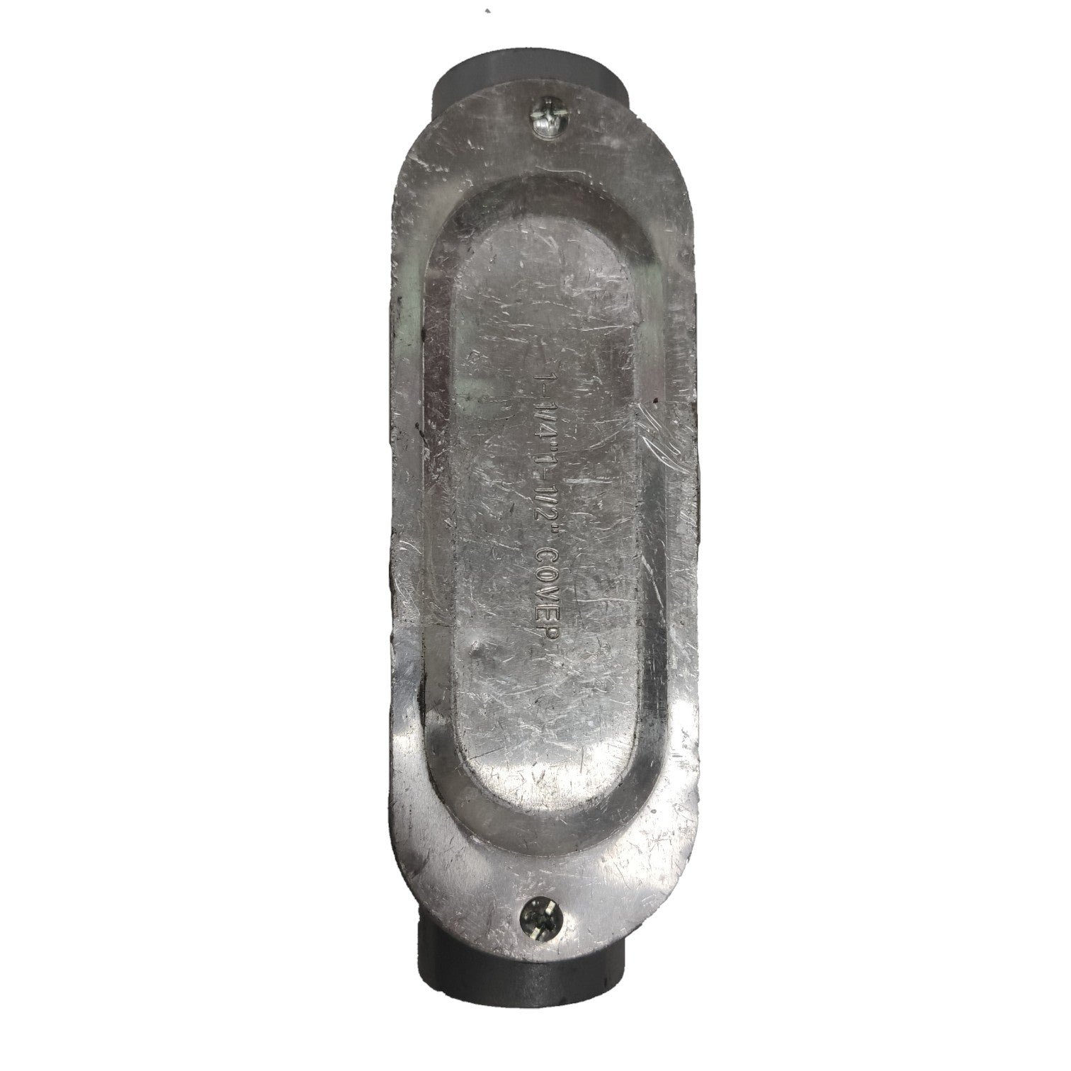 Metallic object with a cylindrical top and bottom on a white background