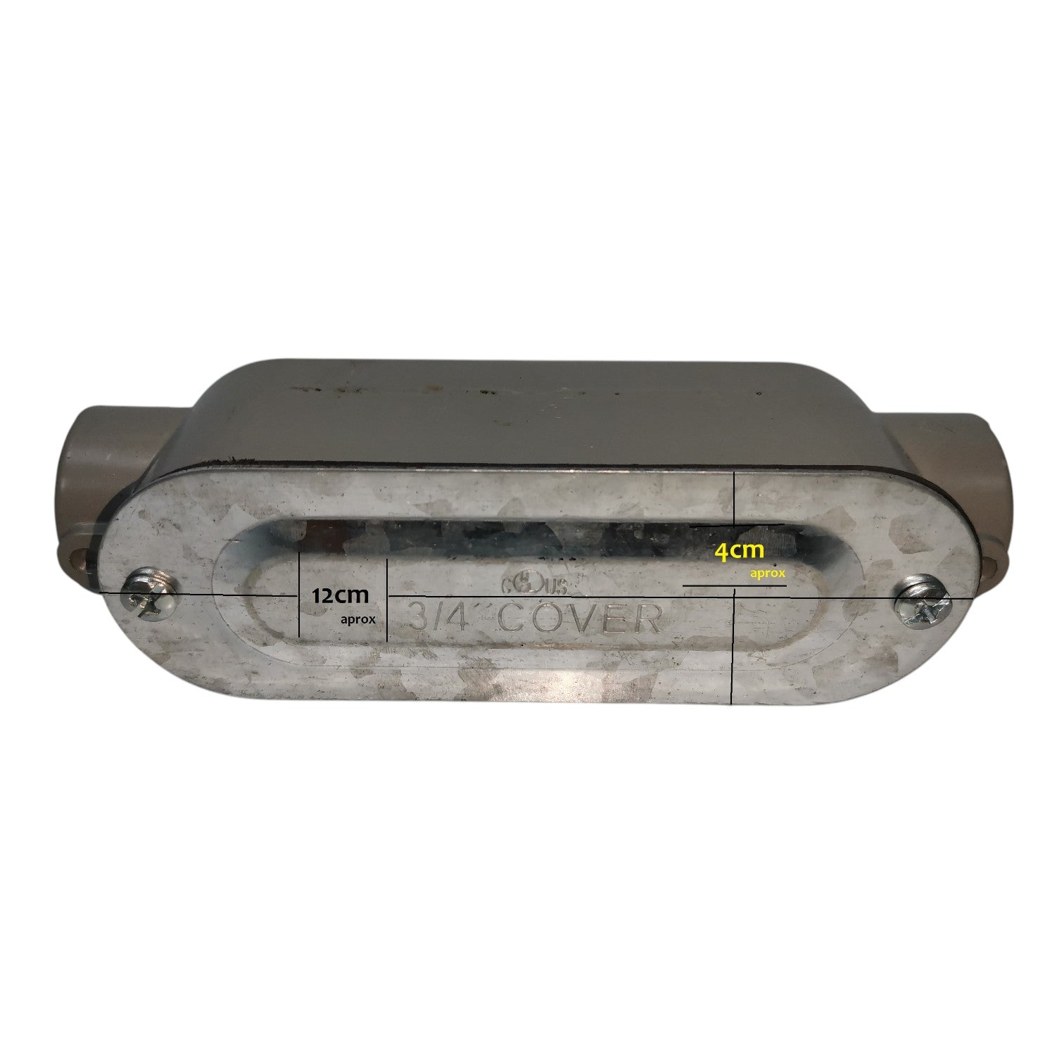 Metallic object with dimensions on a white background