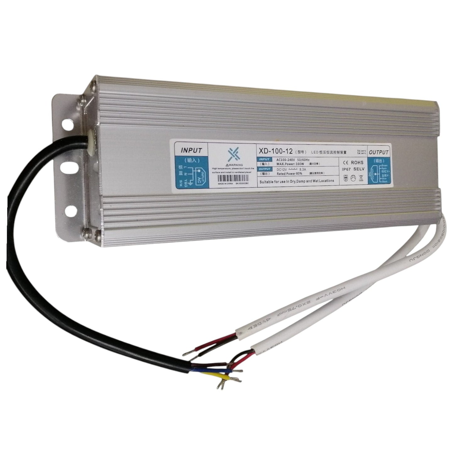 Electrical power supply unit with labeled specifications on a white background