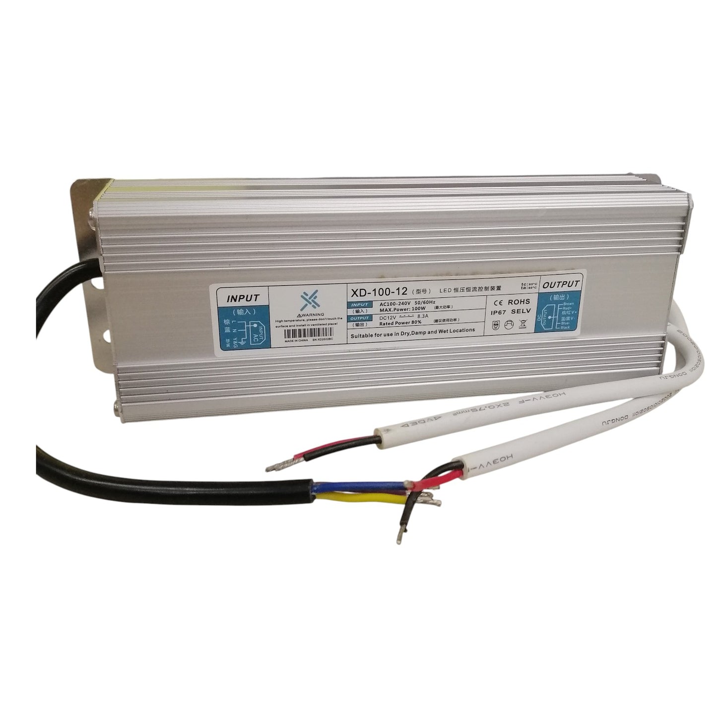 Electrical power supply unit with labeled specifications on a white background