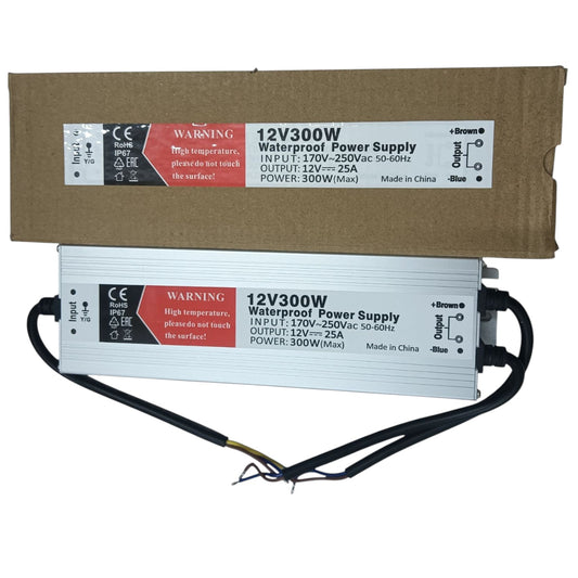 12V300W waterproof power supply with warning labels on a white background