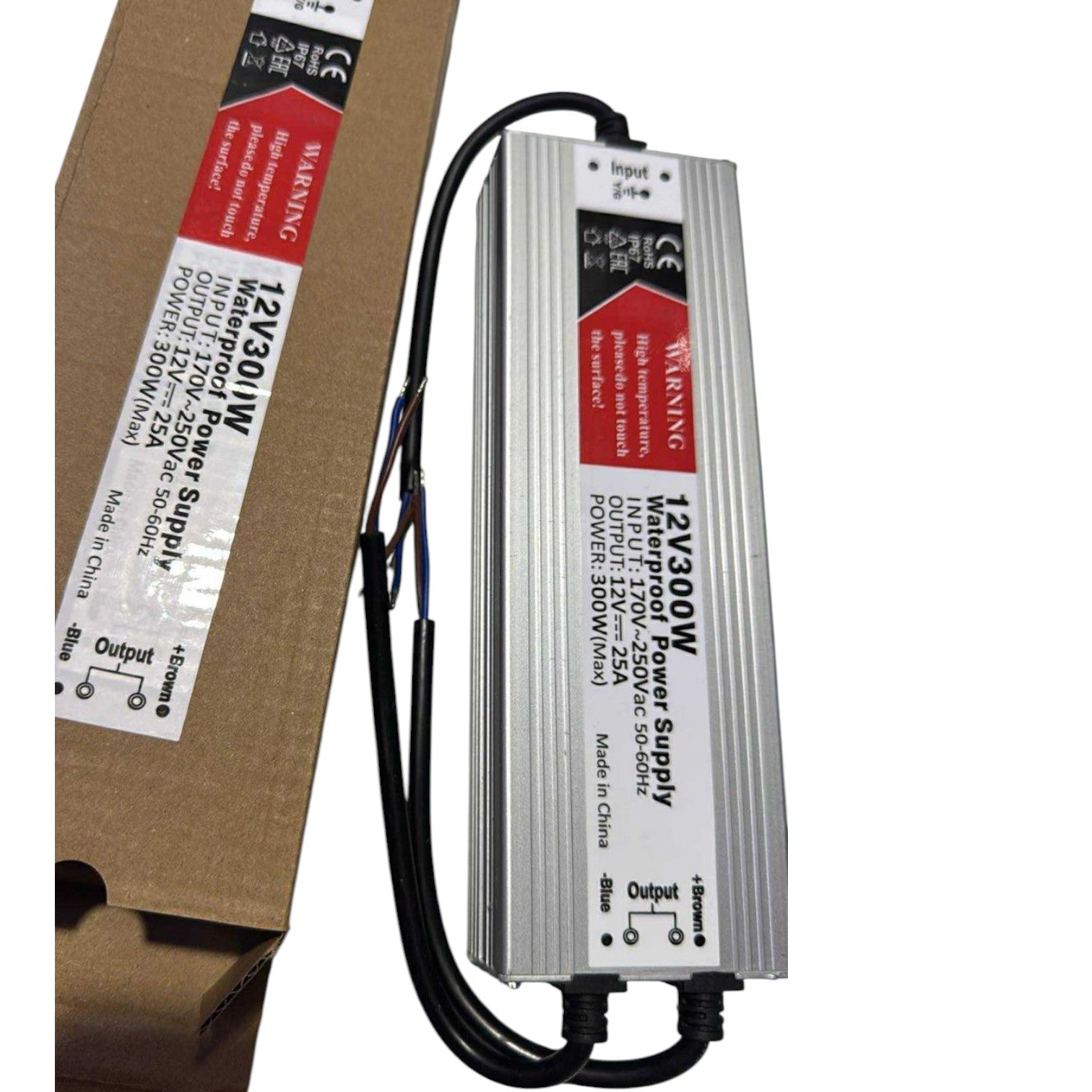 12V300W power supply with packaging on a white background