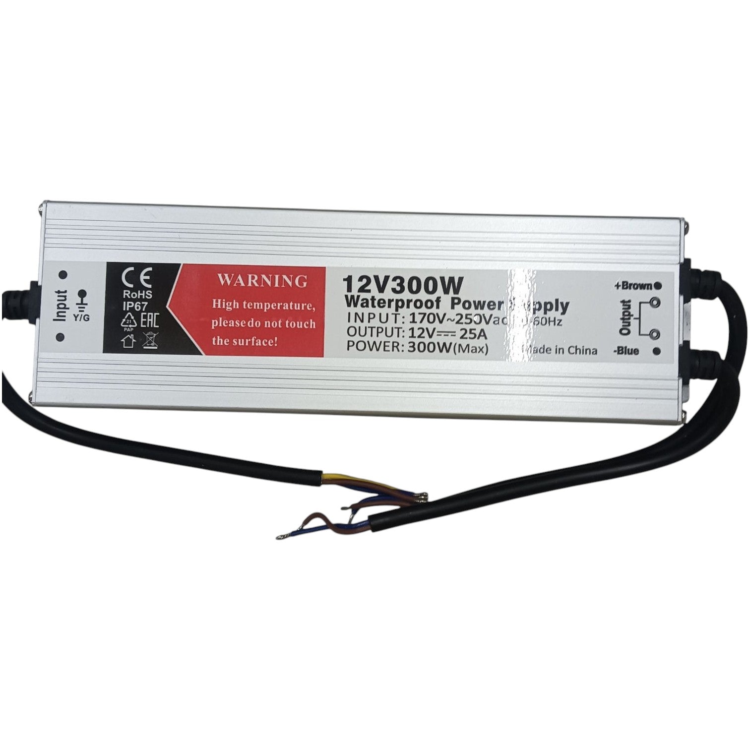 12V300W waterproof power supply with warning label on a white background