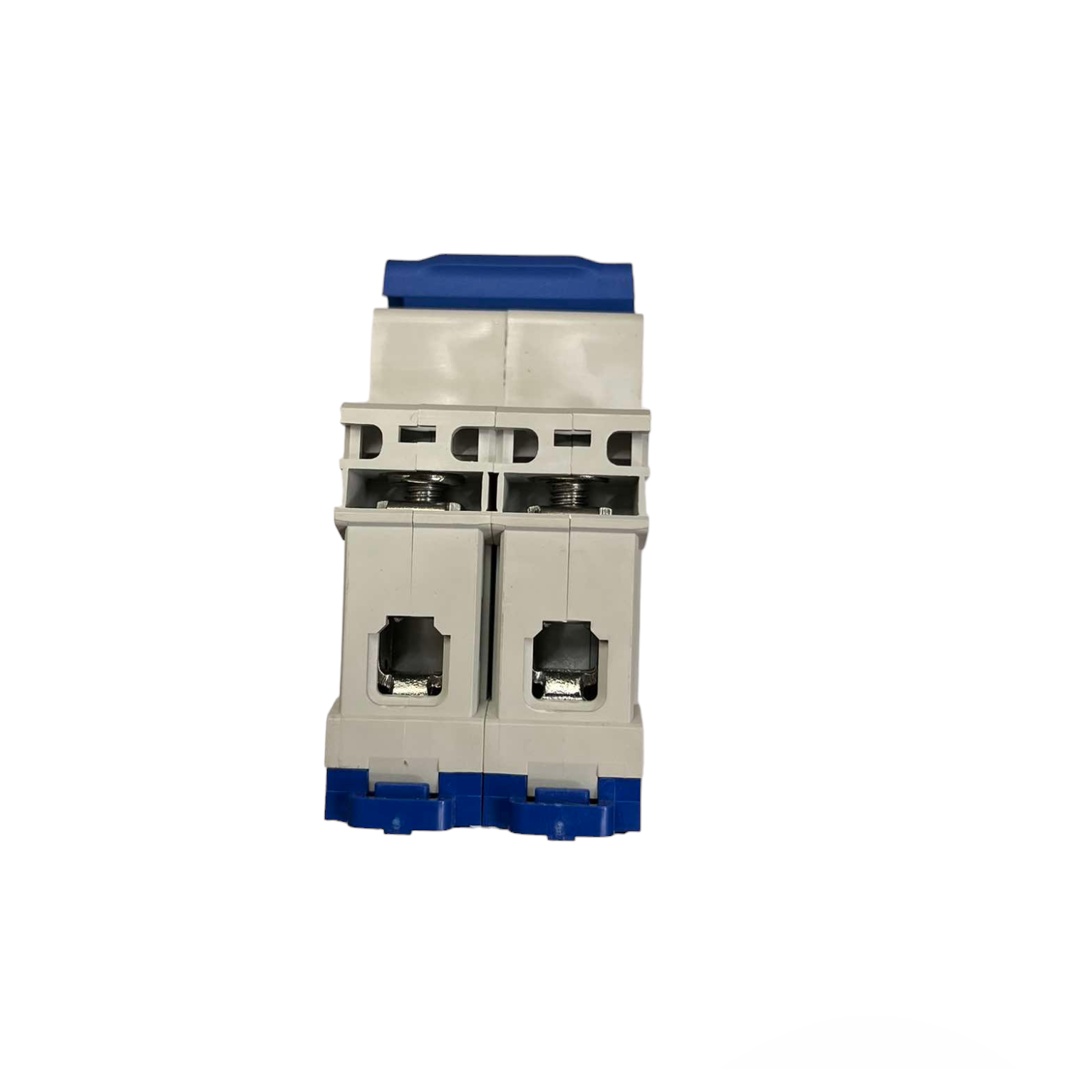 Electrical breaker switch with blue and gray design on a white background
