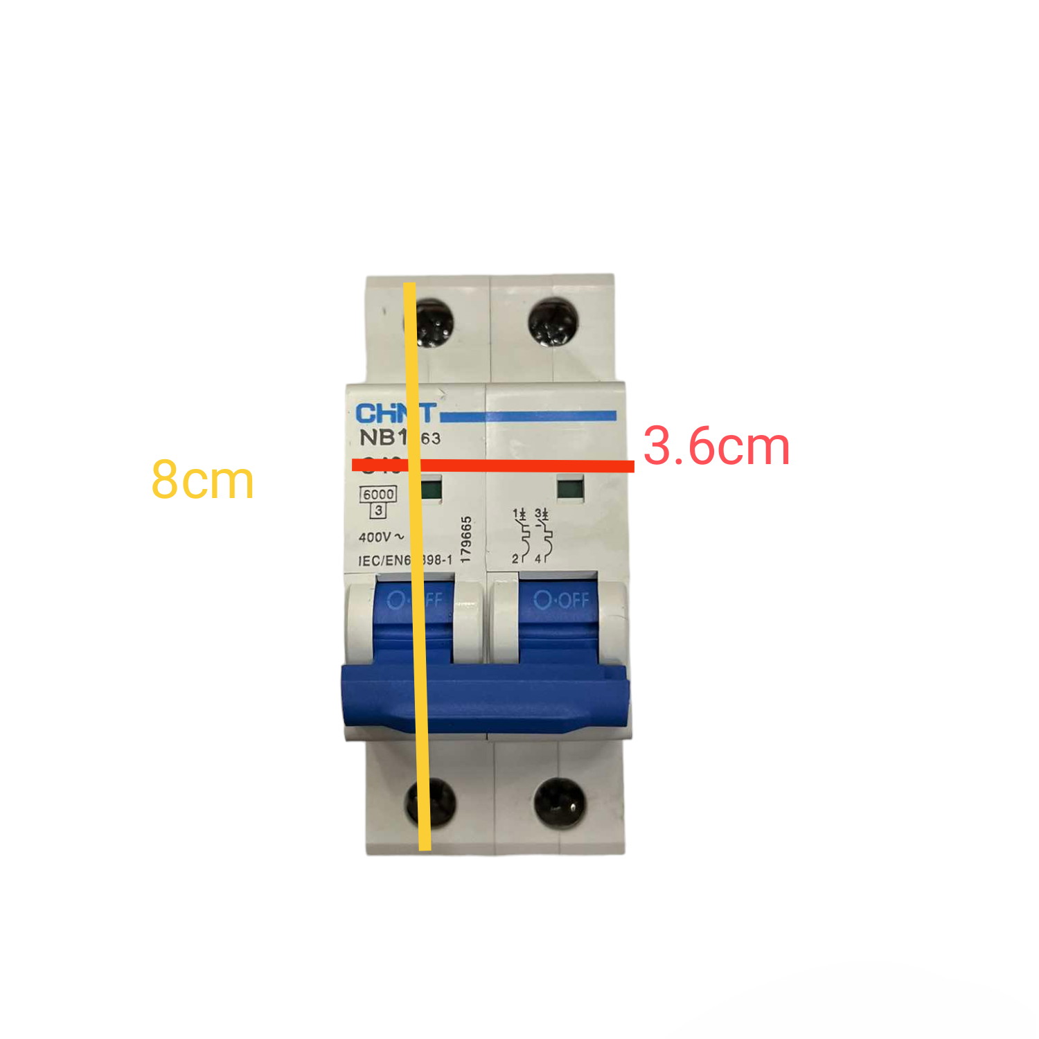 Electrical circuit breaker with dimensions labeled on a white background