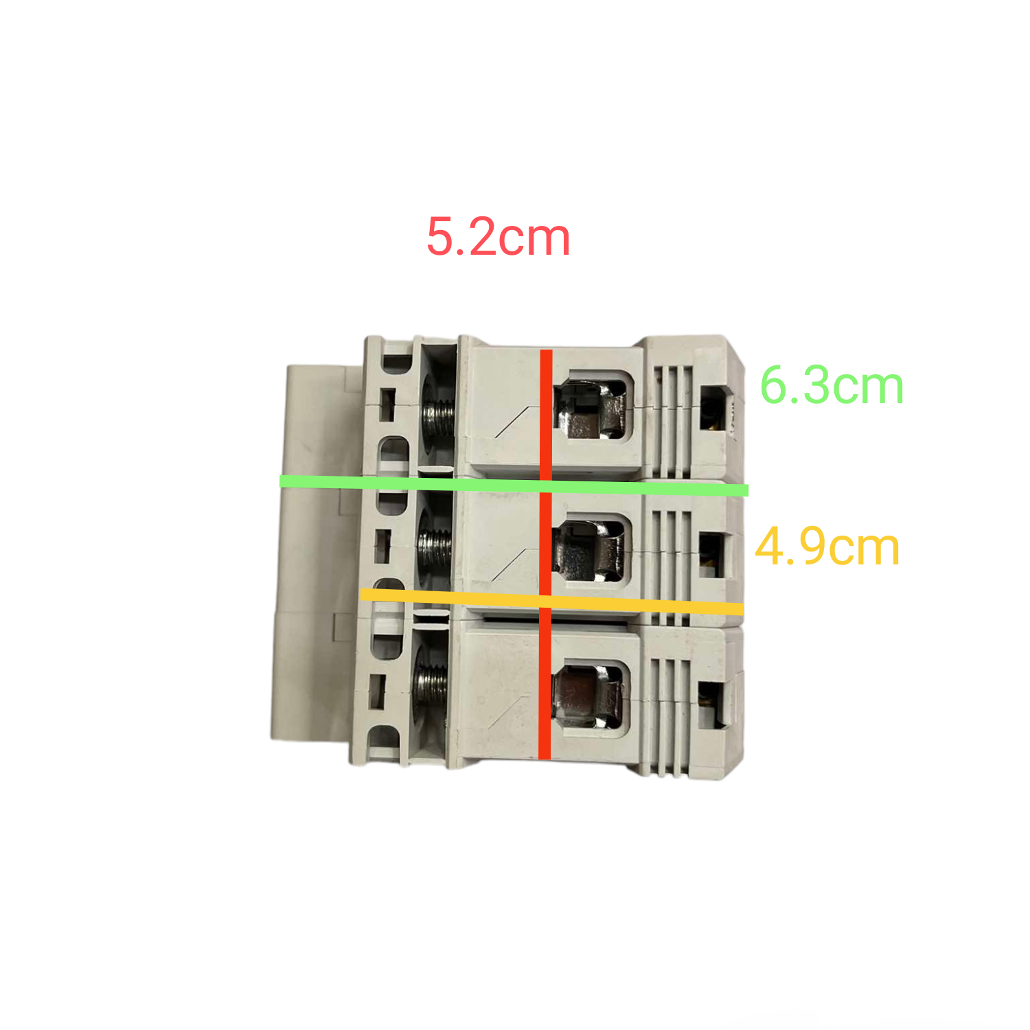 Electrical contactor with dimensions labeled on a white background