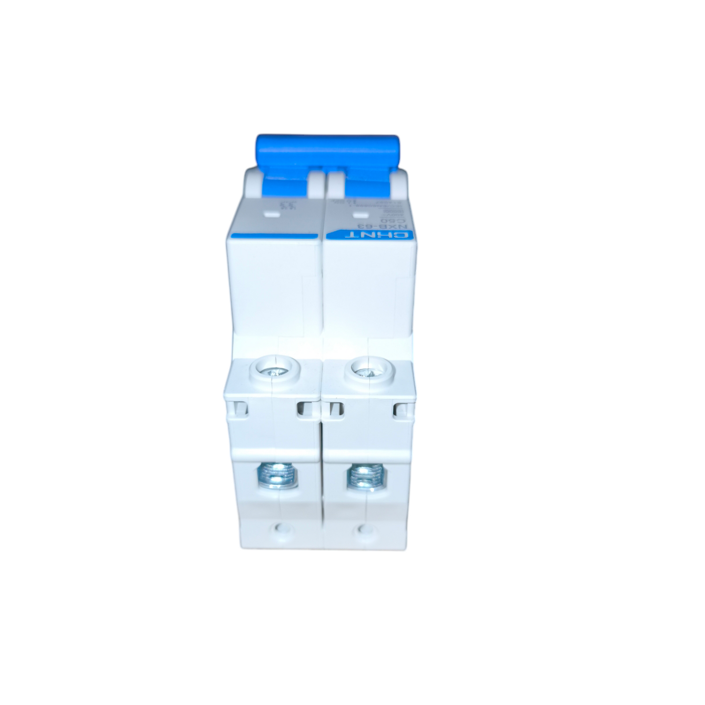 White electrical box with blue top on a white background