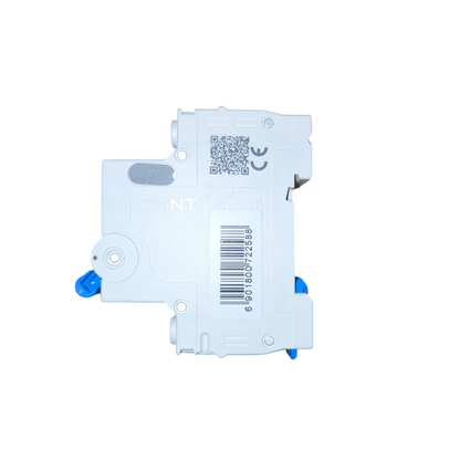 White electronic component with blue connectors on a white background