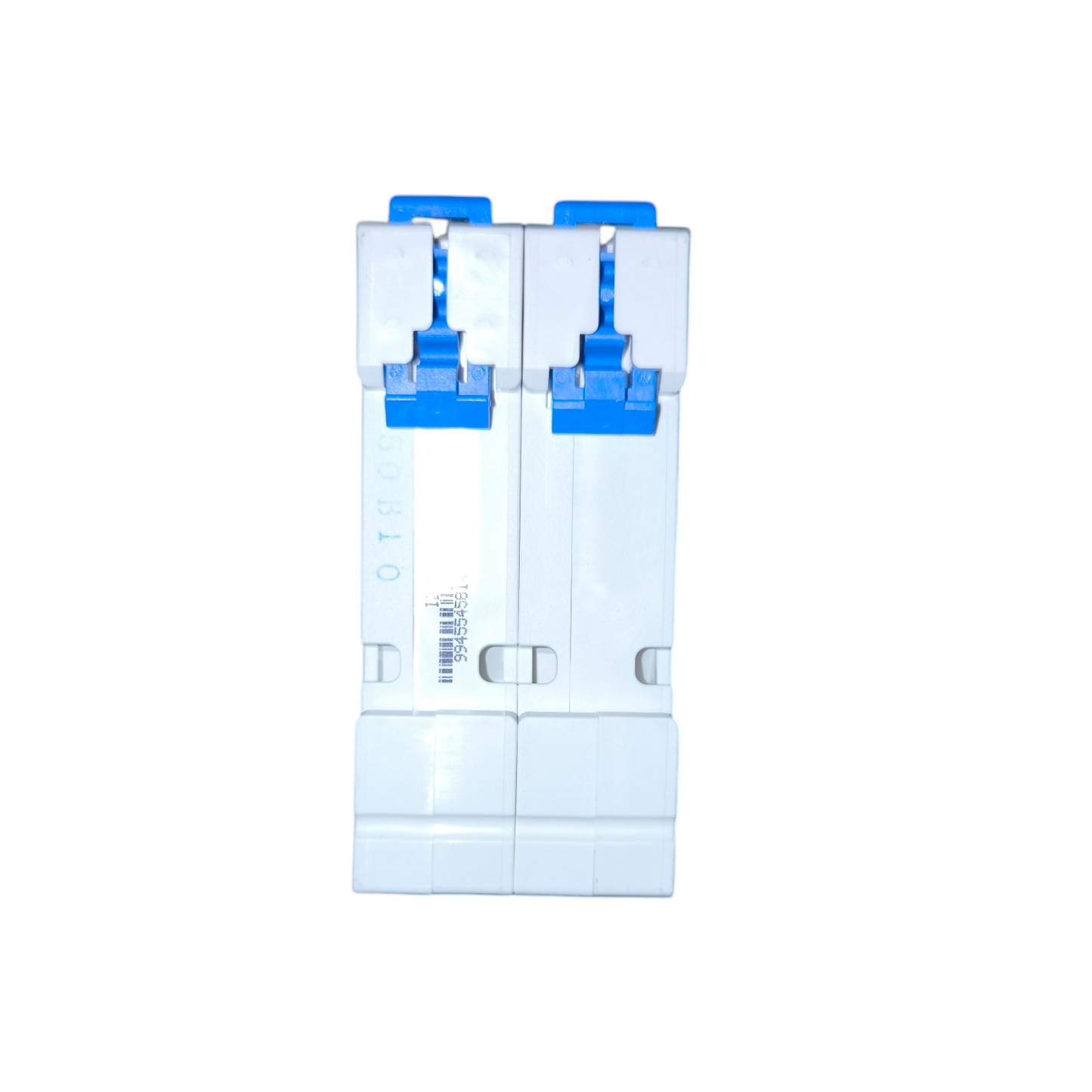 Two blue and clear plastic connectors on a white background