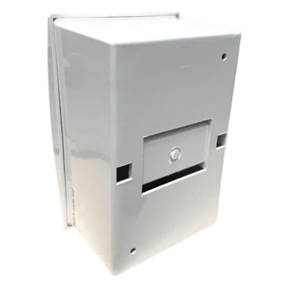 Metallic box with a slot on a white background