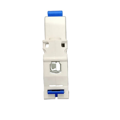 White plastic clip with blue accents on a white background