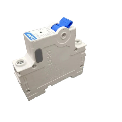 Electrical circuit breaker with blue handle on a white background