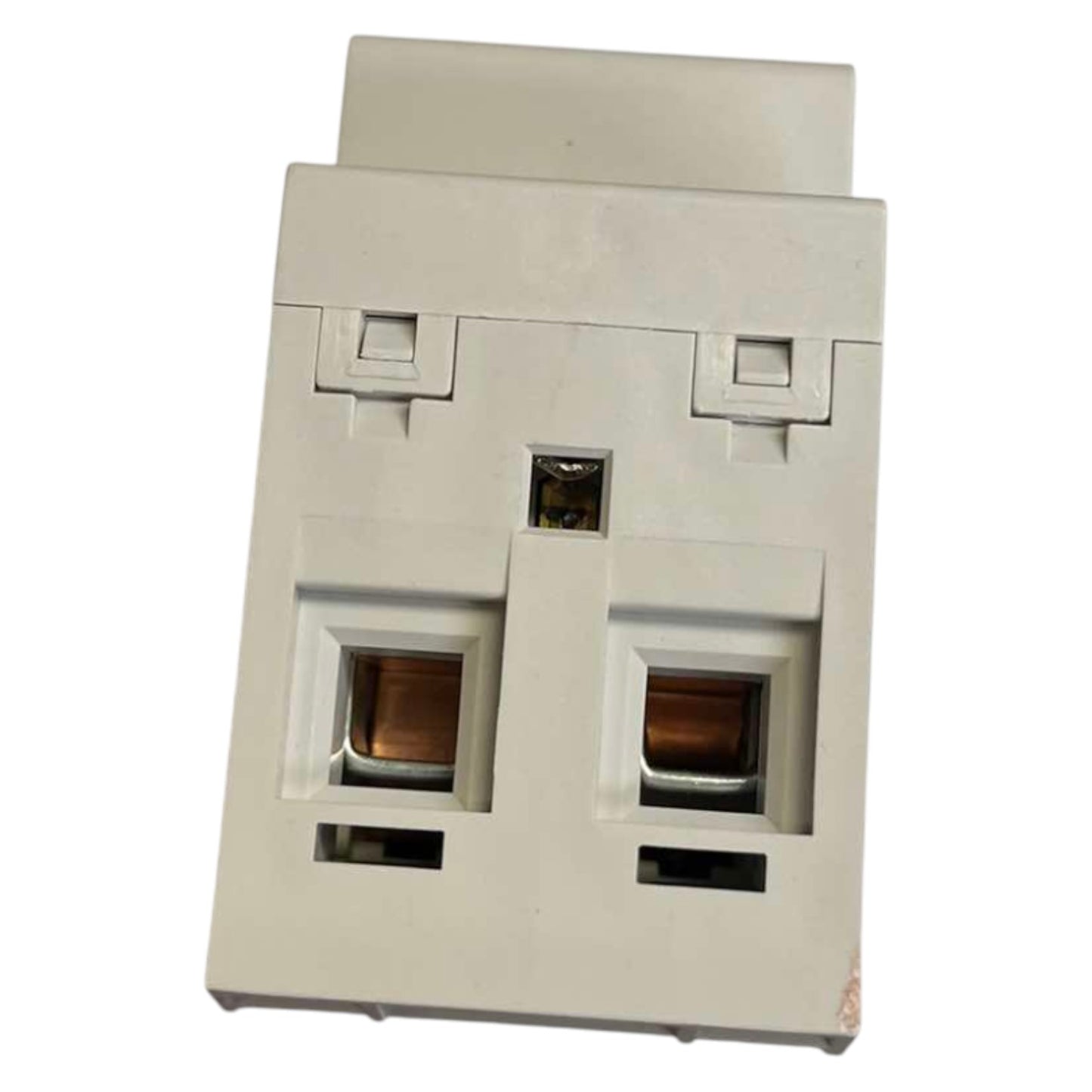 Light gray electrical wall plate with multiple sockets on a white background