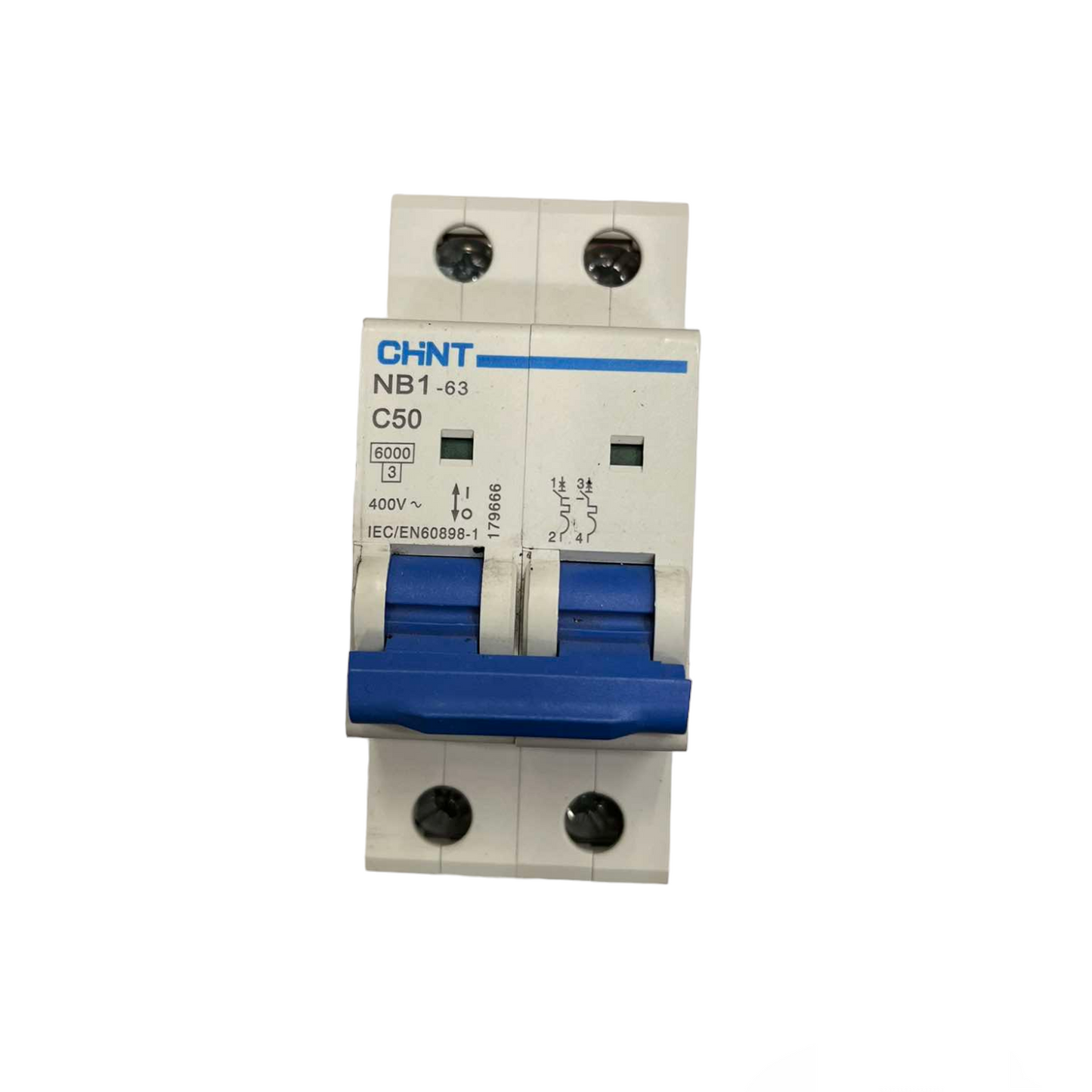 Electrical circuit breaker with CHINT branding on a white background