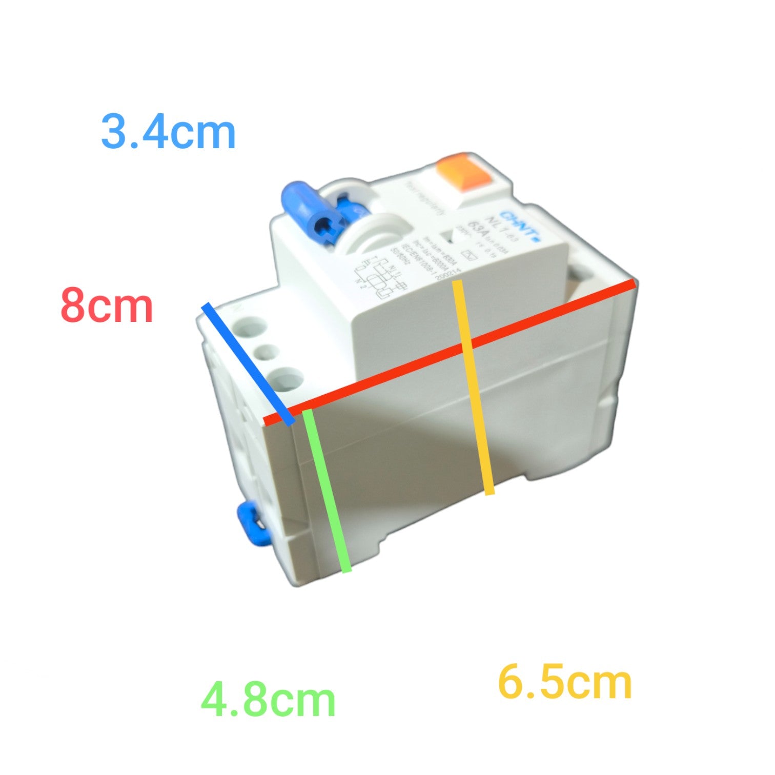 White plastic component with measurements and color coding on a white background