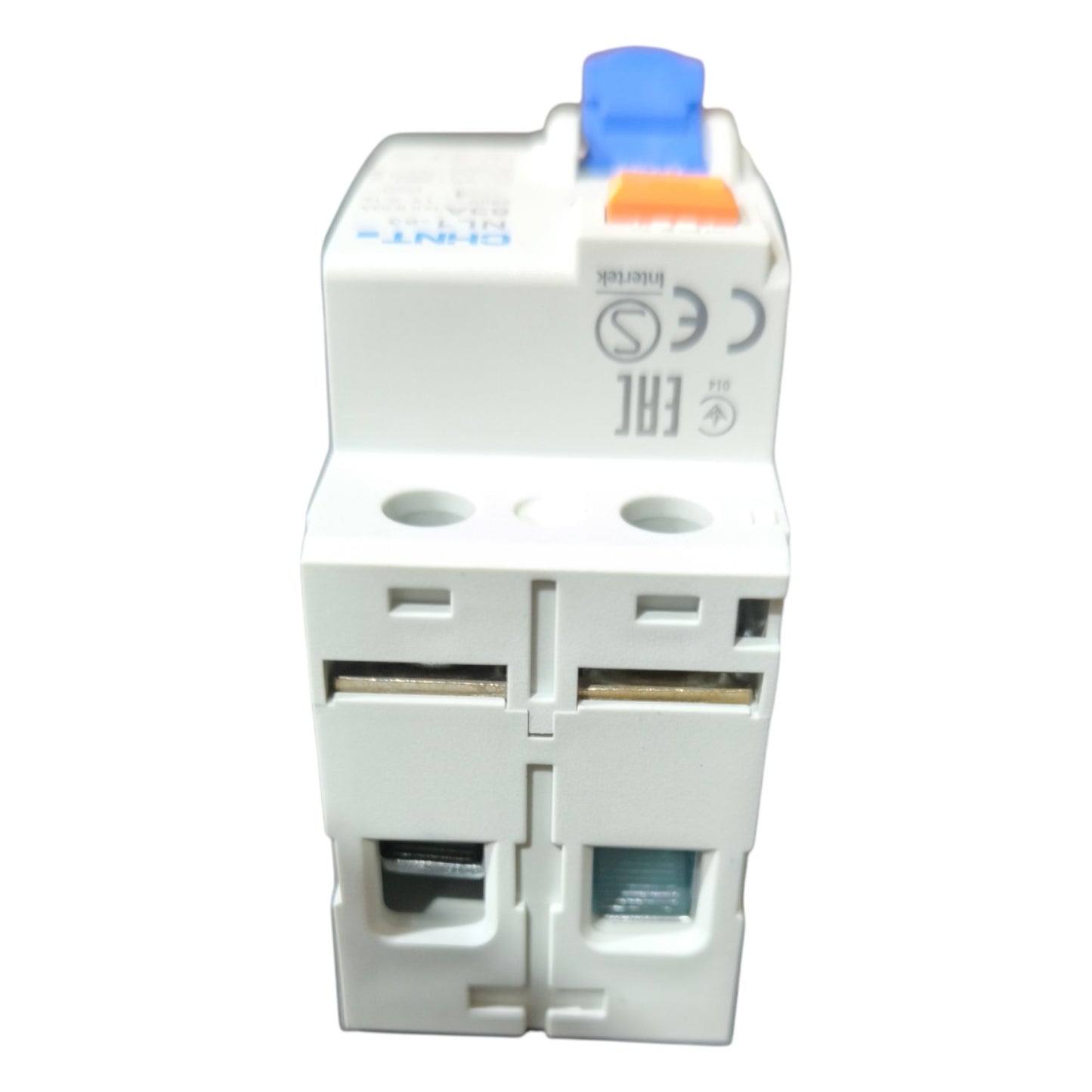 White electrical circuit breaker with blue and orange labels on a white background