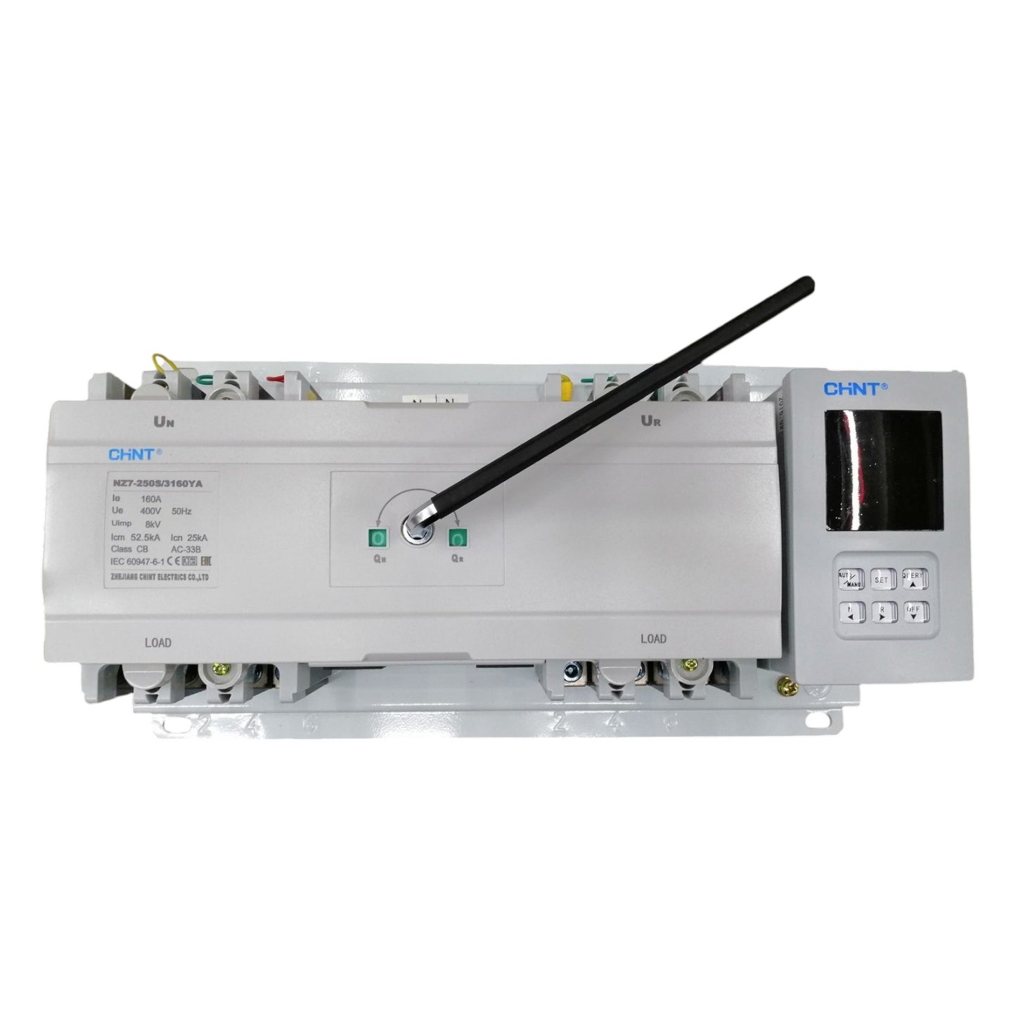 Control panel with antenna and display on a white background
