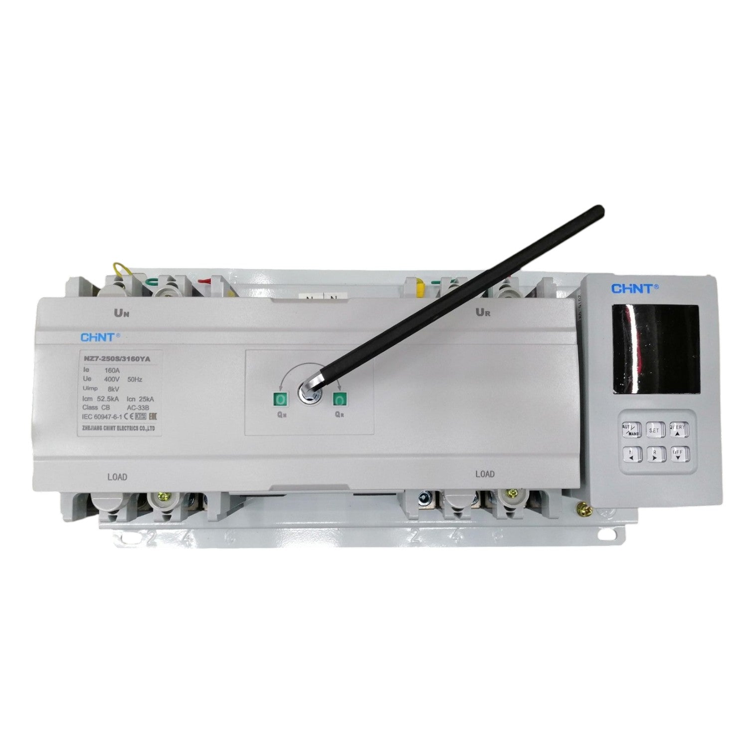 Control panel with antenna and display on a white background