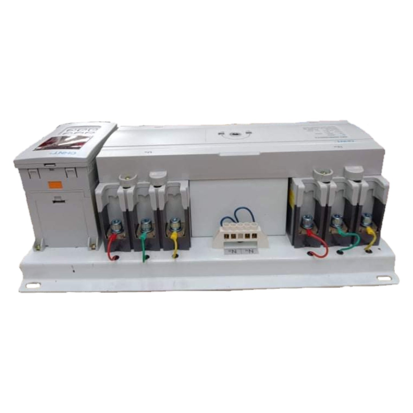 Electrical panel with various components on a white background