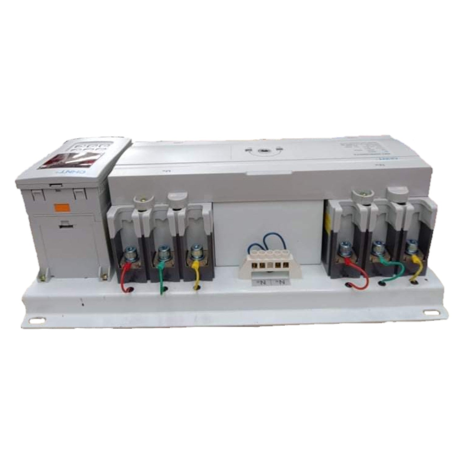 Electrical panel with various components on a white background