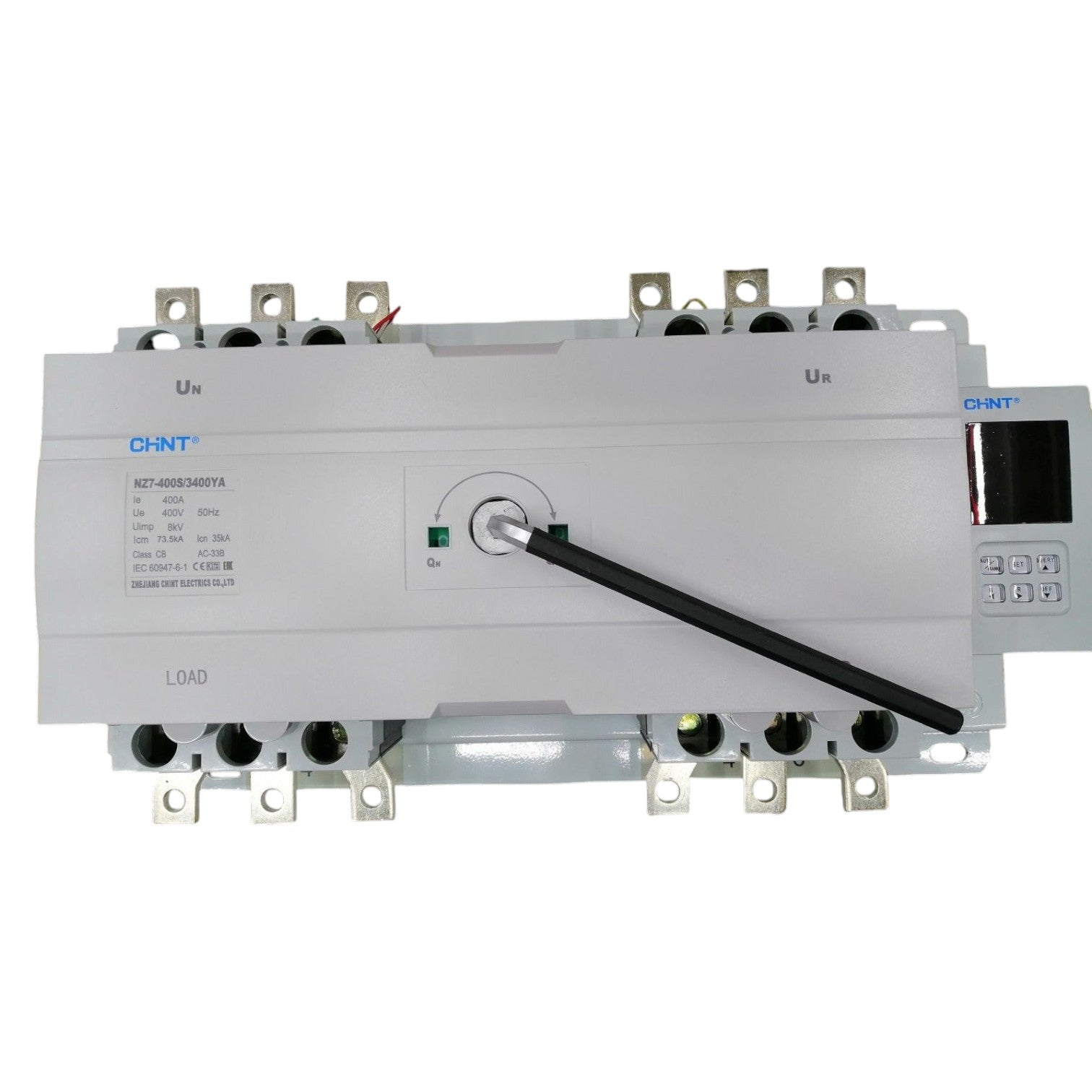 Electrical control panel with various terminals and a display on a white background