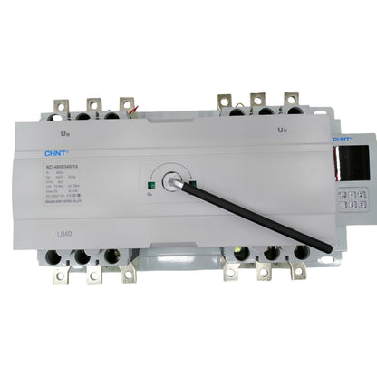 Electrical control panel with various terminals and a display on a white background